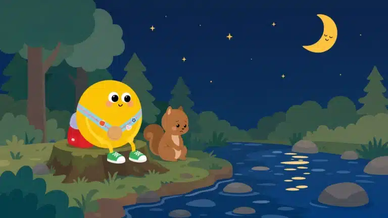 Lumi egy mohos tuskón ül a szomorú mókus mellett a Kedvesség Erdejében, éjszaka, holdfényben