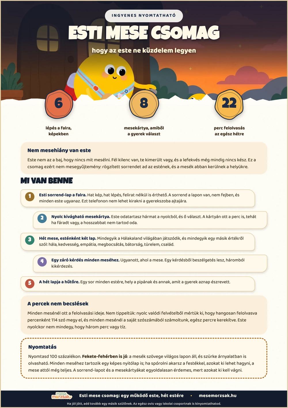 Az esti mese csomag borítója: a csomag címe, a hét este áttekintése és a három szám