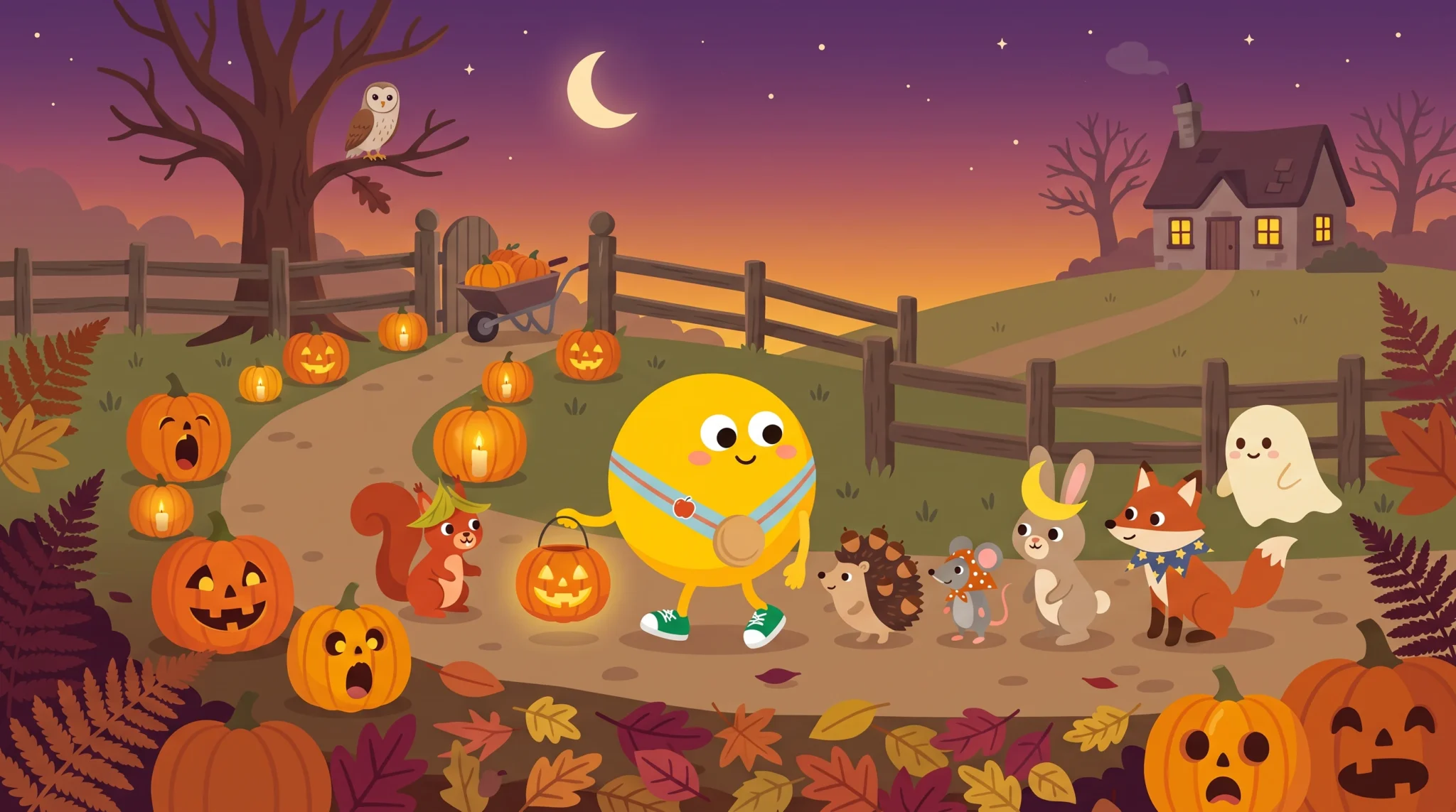 Lumi töklámpással sétál a töklámpásokkal szegélyezett ösvényen halloween estéjén, vele jelmezes erdei állatok: mókus levélkalapban, süni makkokkal, egér kendőben, nyuszi papírholddal, róka és egy pici fehér szellem