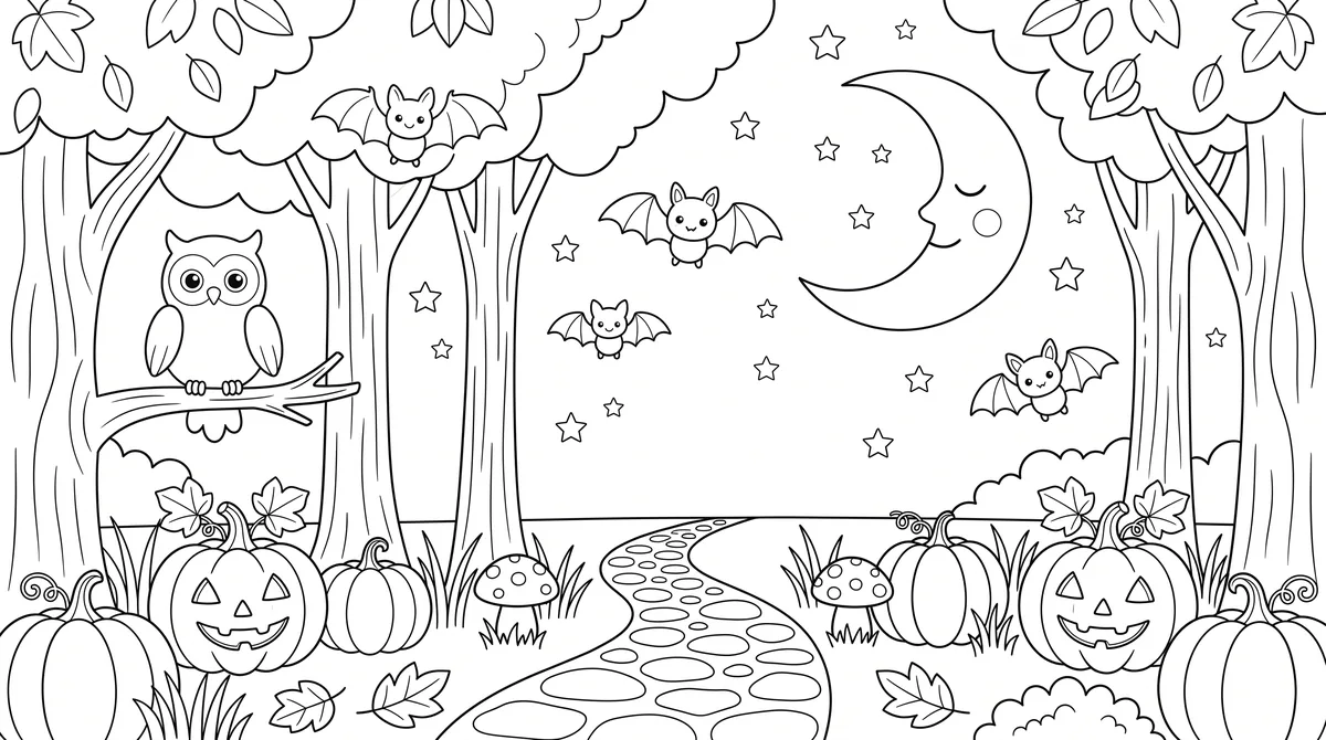 Holdvilágos erdő – közepes halloween színezőlap