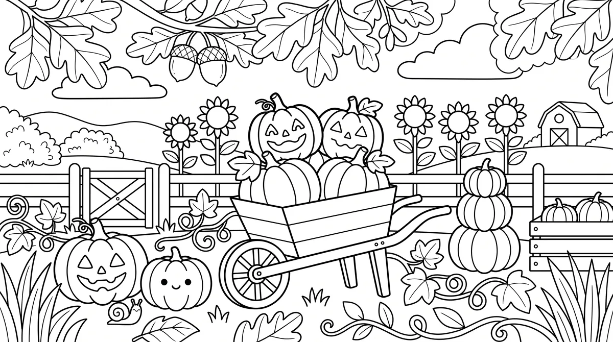 Tökföld talicskával – közepes halloween színezőlap