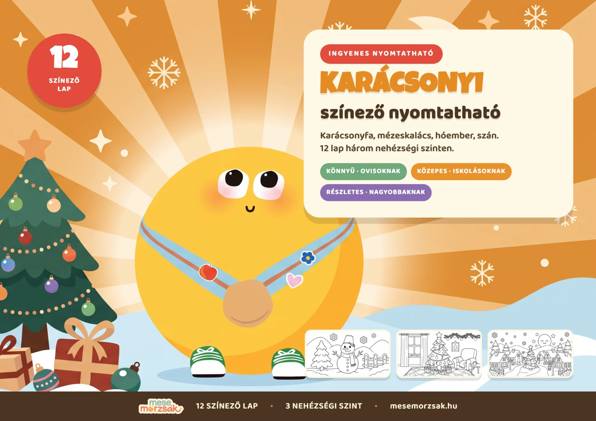 A karácsonyi színező nyomtatható csomag borítója: Lumi, mellette a feldíszített karácsonyfa és az ajándékok
