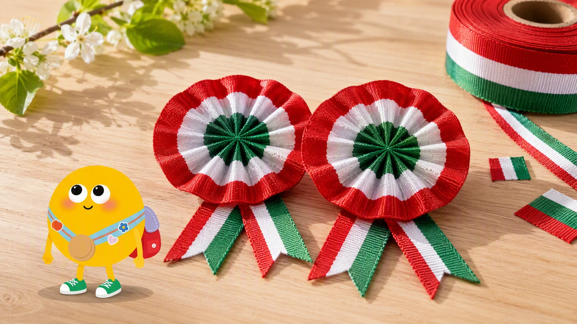 Két kész kokárda fa asztalon, piros-fehér-zöld szalagból hajtogatva, mellettük szalagorsó és Lumi, a Mesemorzsák sárga mesefigurája