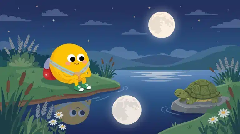 Lumi csendben ül a folyóparton, a sima víztükrön ott a telihold, arrébb egy öreg teknős pihen egy lapos kövön