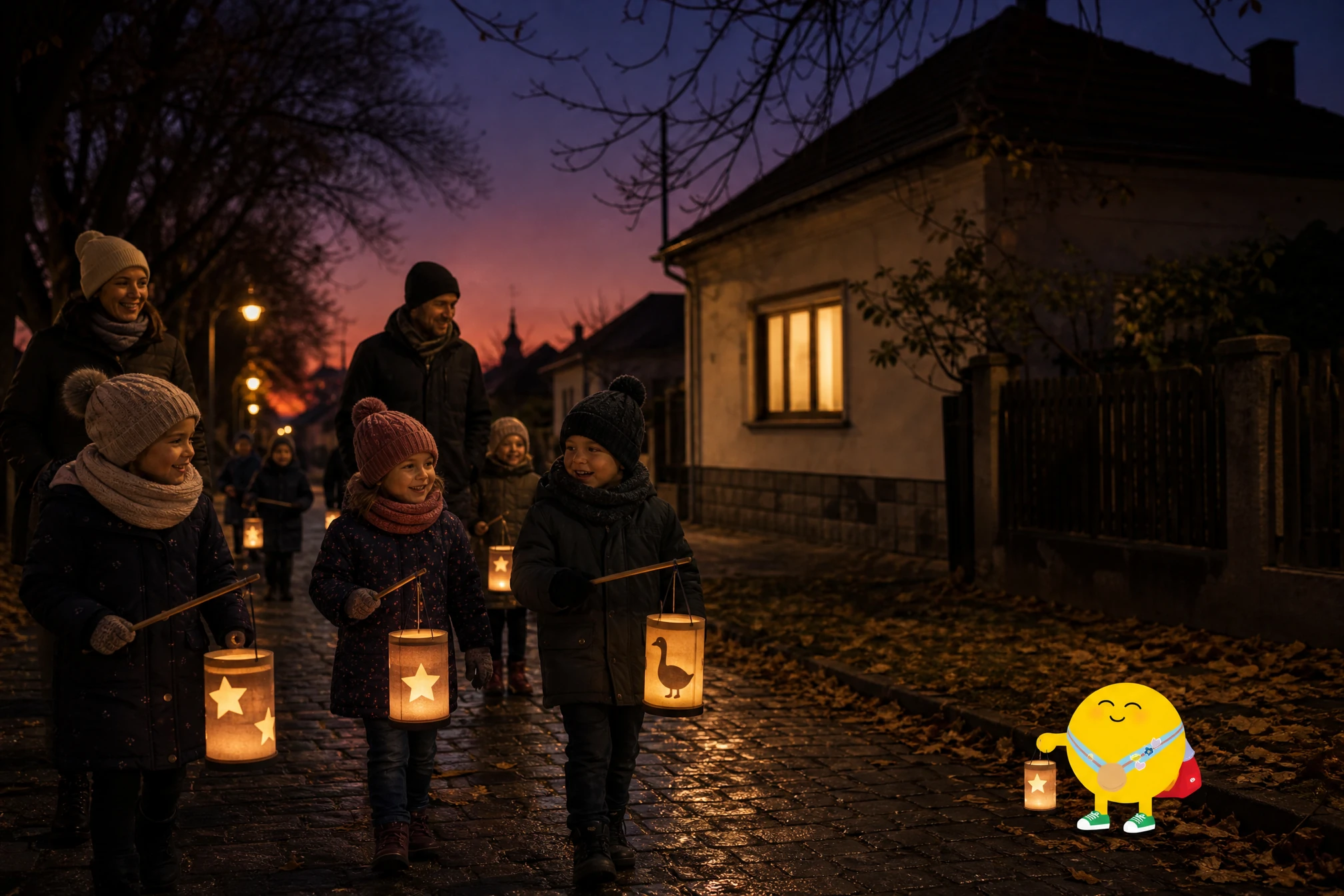 Gyerekek meleg kabátban, sapkában lámpással sétálnak egy sötét utcán a Márton napi felvonuláson, a lámpások LED-mécsestől világítanak, mellettük Lumi, a Mesemorzsák sárga mesefigurája