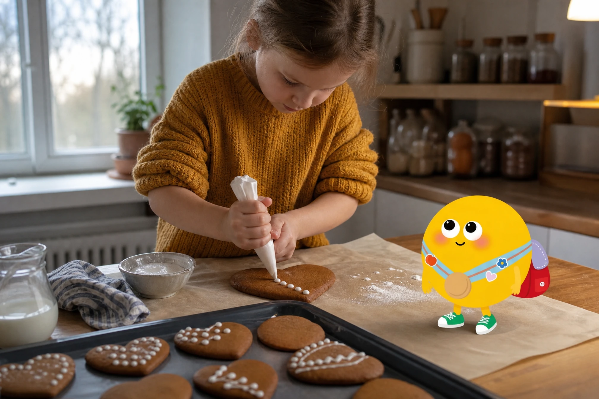 Gyerek mézeskalácsot díszít: hétéves kislány mustársárga pulóverben, két kézzel fogott kis habzsákkal fehér pöttysort nyom egy nagy mézeskalács szív szélére, előtte tepsin további díszített szívek, mellette Lumi a sütőpapíron