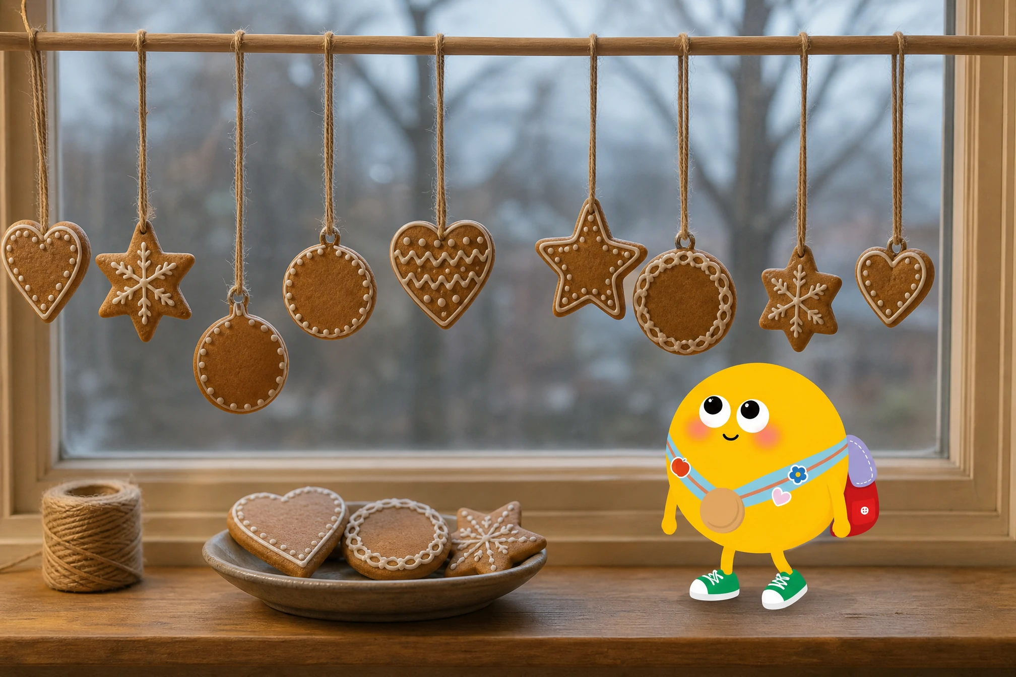 Kész mézeskalács díszek zsinegen egy ablak előtt: szív, csillag és korong alakú barna mézeskalácsok fehér cukormázzal, pöttysorral, jégvirággal és csipkekerettel, az ablakpárkányon tálban további díszek és Lumi