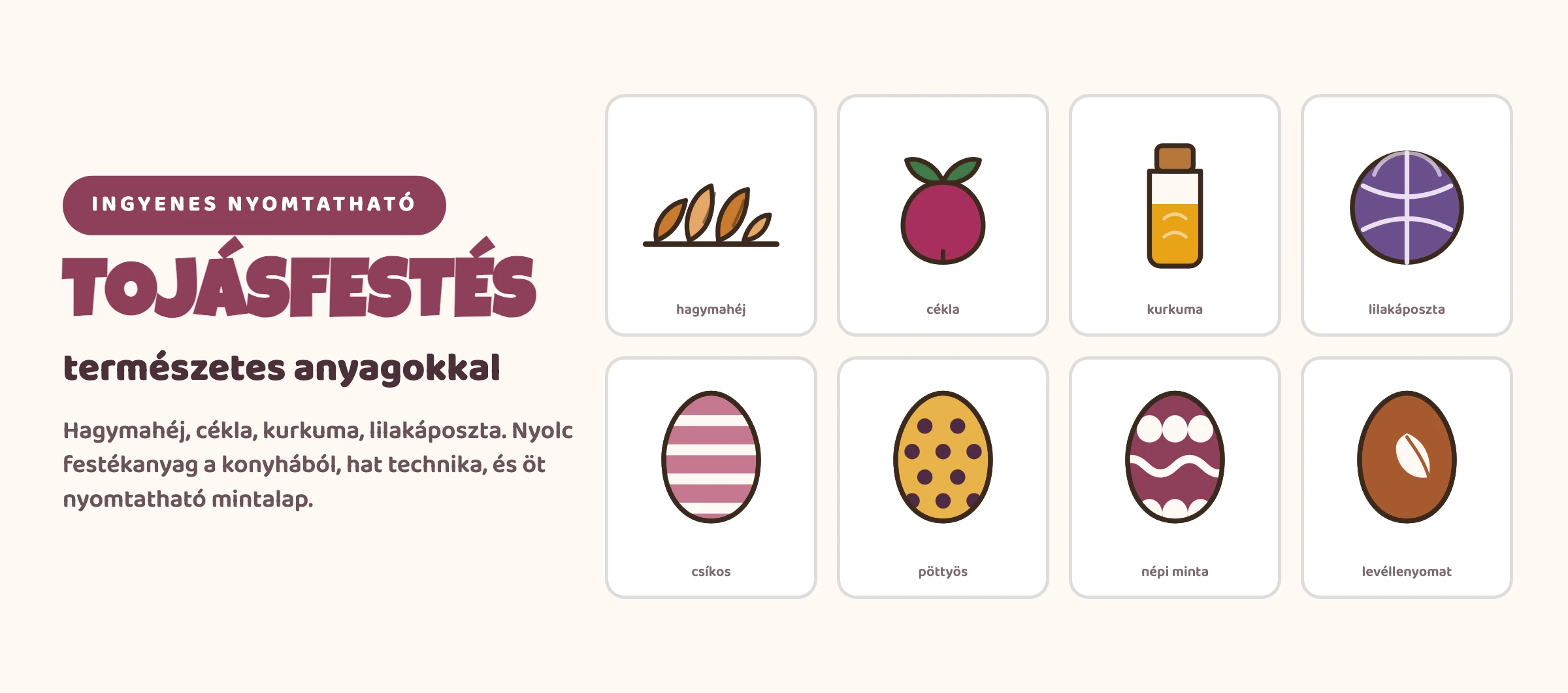 Tojásfestés természetes anyagokkal egy lapon: hagymahéj, cékla, kurkuma és lilakáposzta, mellettük csíkos, pöttyös, népi mintás és levéllenyomatos tojás