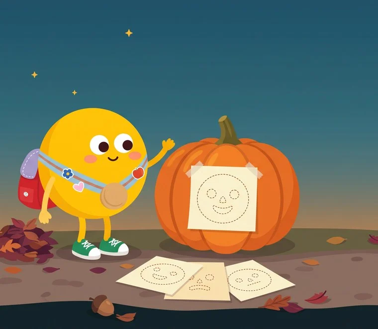 Halloweeni tökfaragás minta – Lumi egy tök mellett, ráragasztott nyomtatható sablonnal