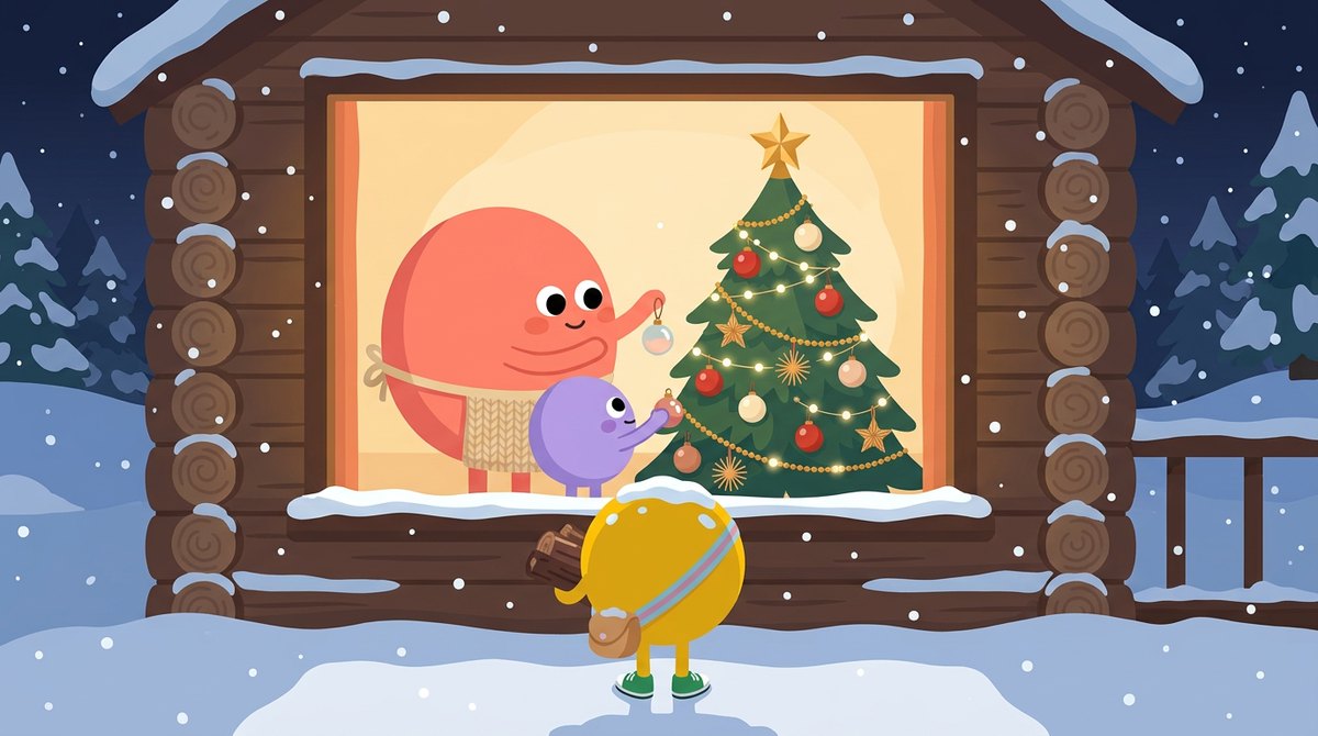 Esti mese gyerekeknek – Lumi kívülről nézi a kivilágított ablakot, ahol a fenyőt díszítik