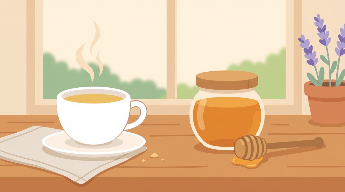 Esti mese gyerekeknek – gőzölgő teáscsésze és aranyszínű mézesüveg a napfényes konyhaablak mellett