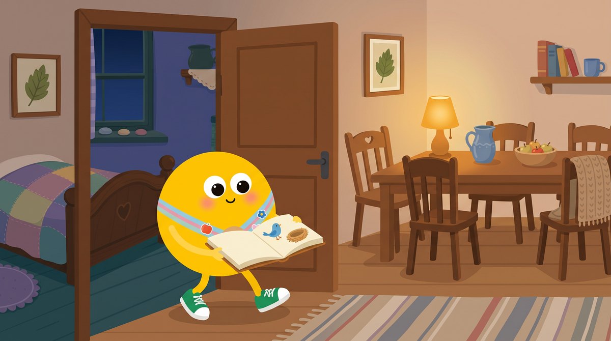 Esti mese gyerekeknek – Lumi a nyitott mesekönyvvel átmegy a hosszú asztalos szobába