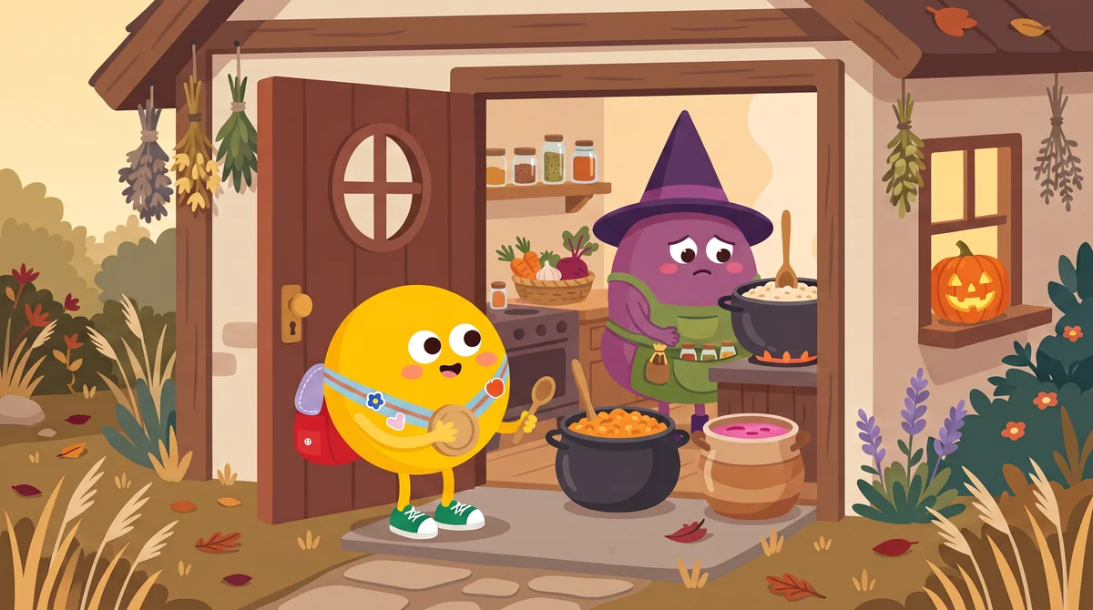 Halloween mese gyerekeknek – Lumi kanállal kóstol, mellette a tökös rizs és a rózsaszín leves fazeka, a boszorkány szomorkásan nézi