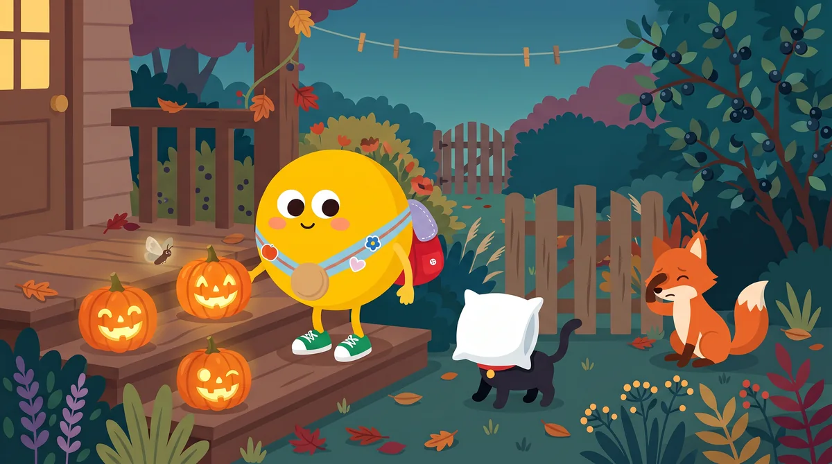 Halloween mese gyerekeknek – a párnahuzatos fekete cica a kertkapu felé botorkál, a róka a fejét fogja