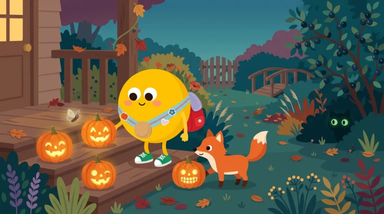 Halloween mese gyerekeknek – Lumi és a róka töklámpásokat rak ki a tornácra, a bokor alól egy fekete cica zöld szeme világít