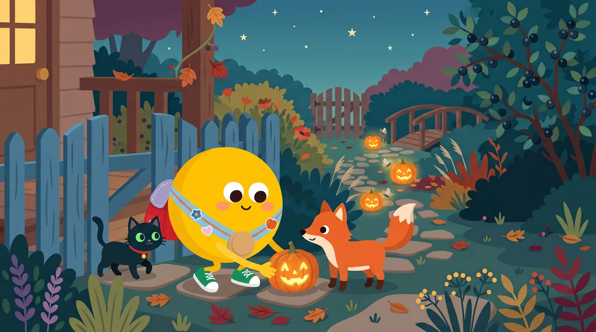 Halloween mese gyerekeknek – töklámpások világítanak az ösvény mentén a kék kapuig, a fekete cica lámpástól lámpásig szalad
