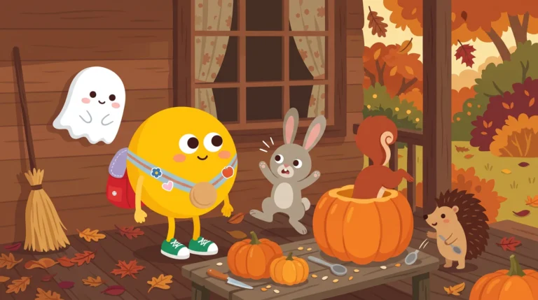 Halloween mese gyerekeknek – a félős kis szellem kikukucskál a falból, miközben Lumi és barátai tököt faragnak a tornácon