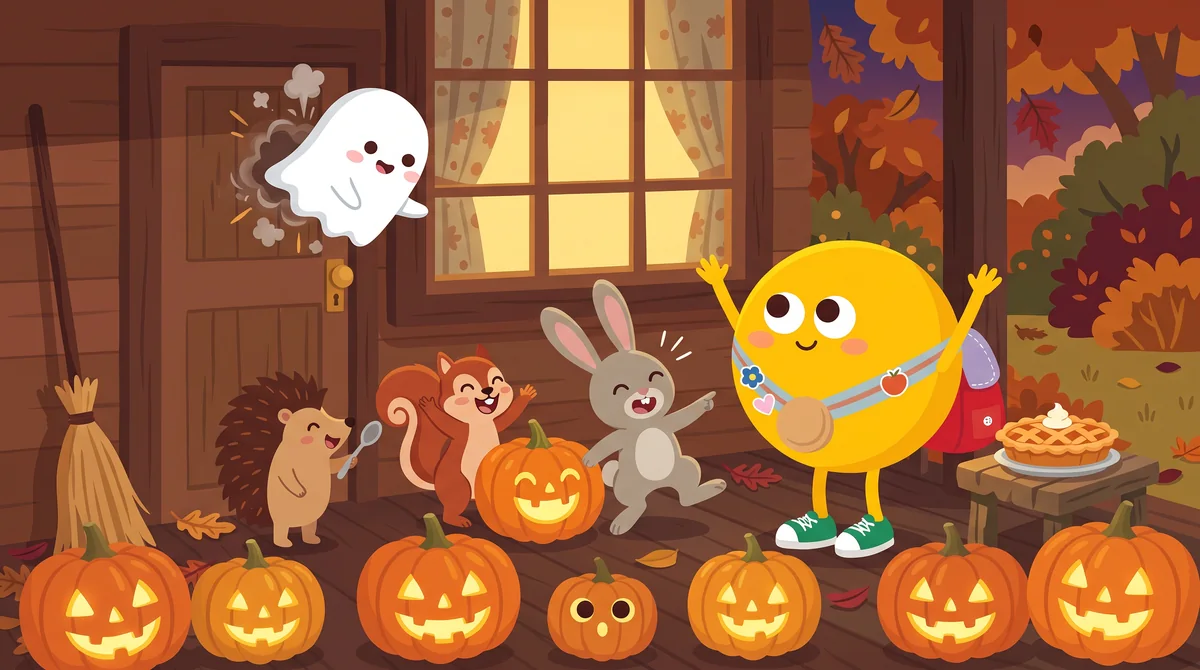 Halloween mese gyerekeknek – este a tornácon világító töklámpások sora, a kis szellem kibukkan a falból, a barátok nevetnek