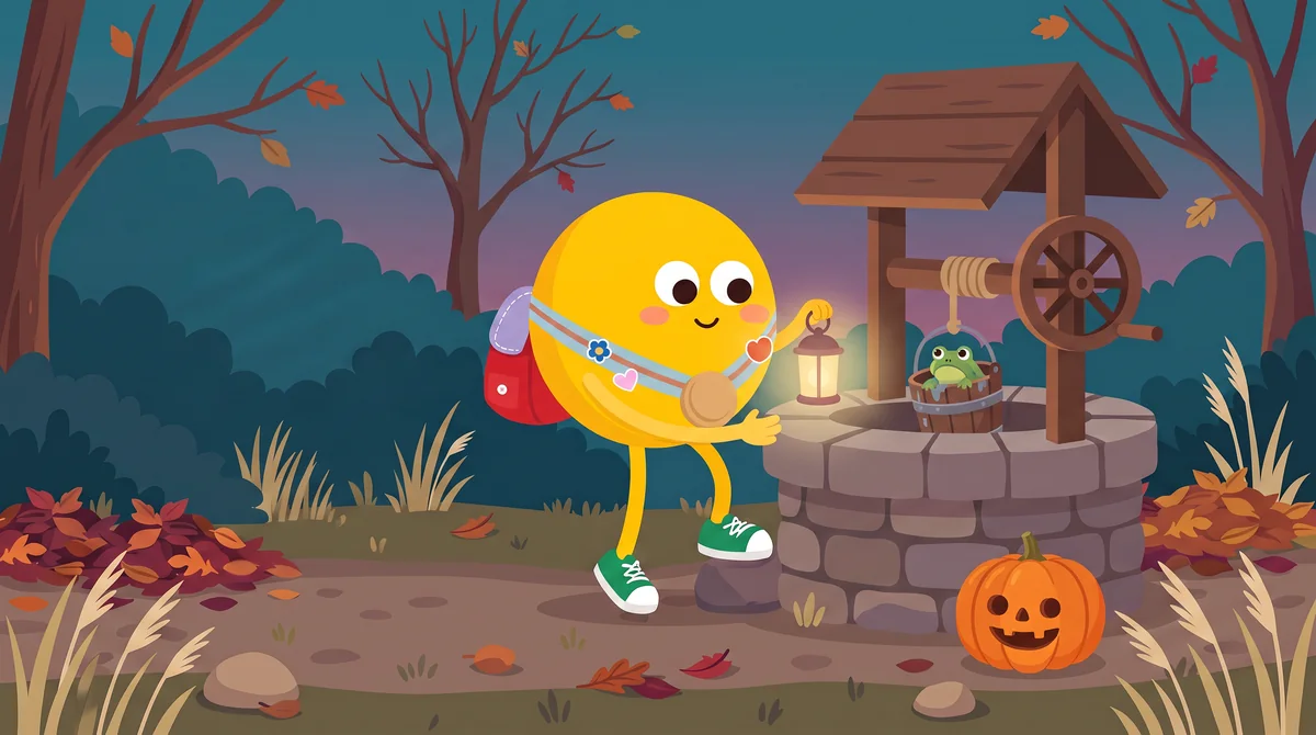 Halloween mese gyerekeknek – Lumi lámpással a kút mellett, a felhúzott vödörben egy ázott kisbéka ül