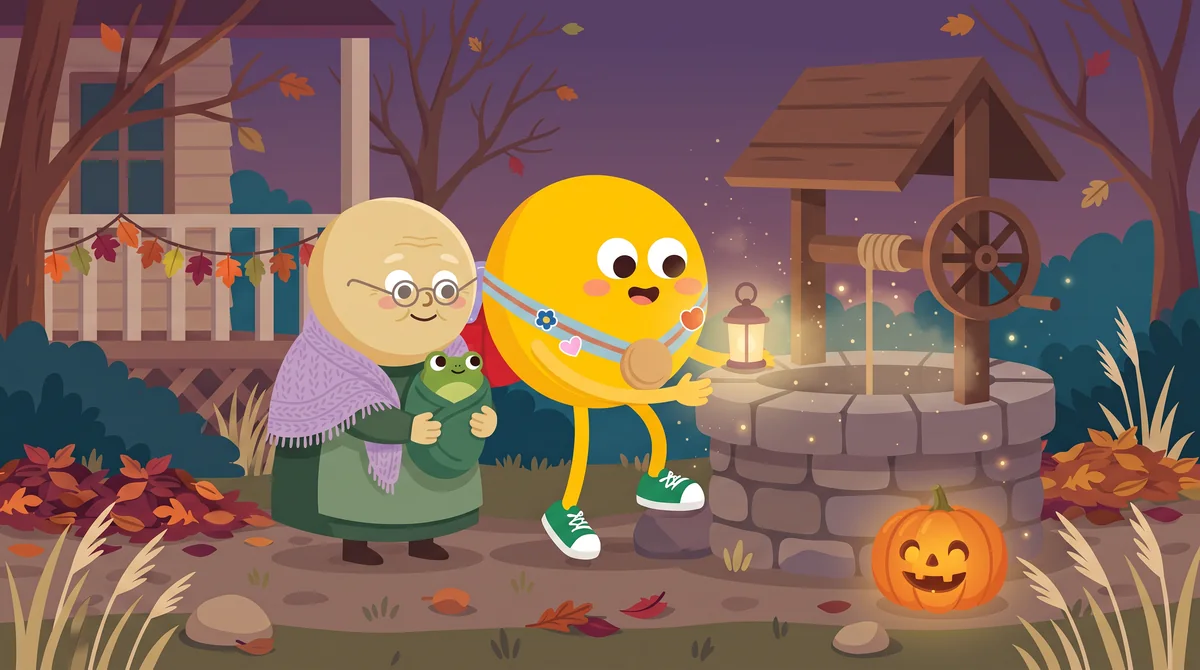 Halloween mese gyerekeknek – a nagymama kötényébe bugyolált kisbéka és Lumi együtt kiabál bele a régi kútba