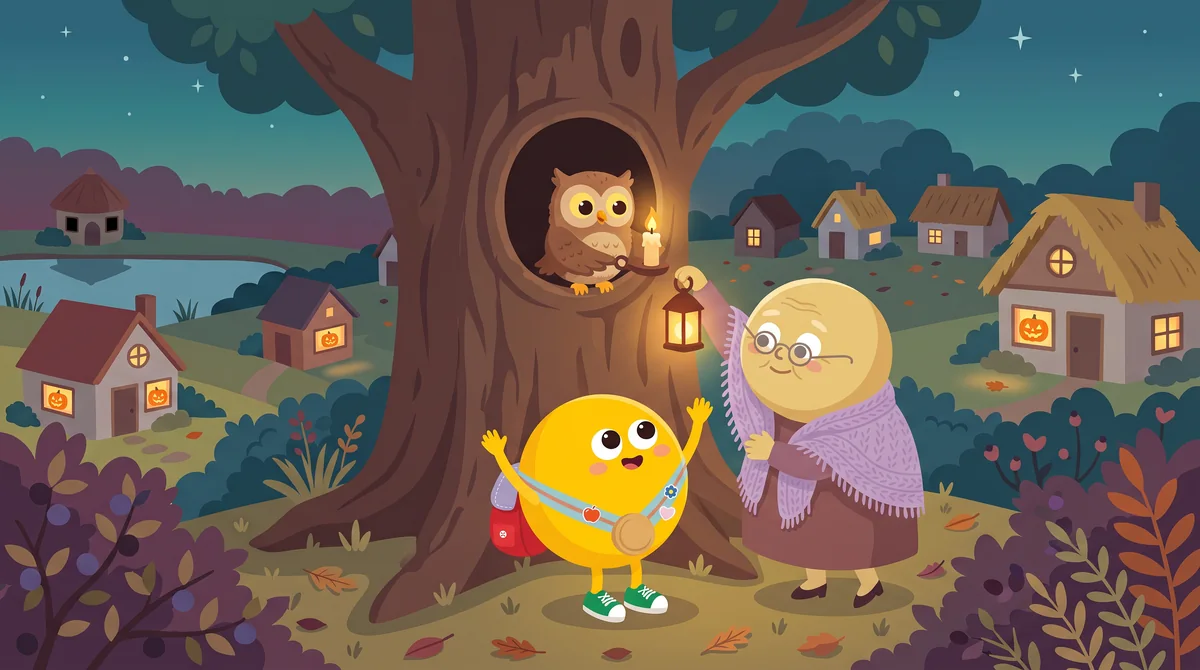 Halloween mese gyerekeknek – a tölgyfa odújánál a nagymama felemeli Lumi lámpását, a bagolyfióka meggyújtja róla a gyertyáját