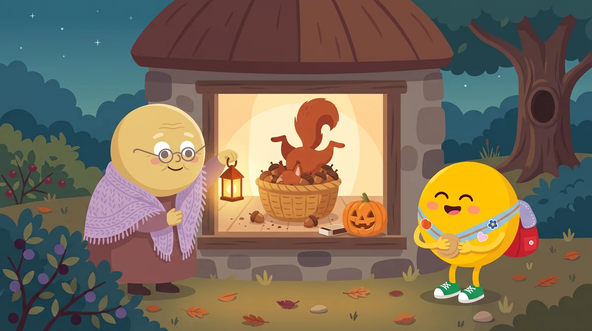 Halloween mese gyerekeknek – a mókus fejjel lefelé a makkos kosárban, Lumi nevet, a nagymama fogja a lámpást