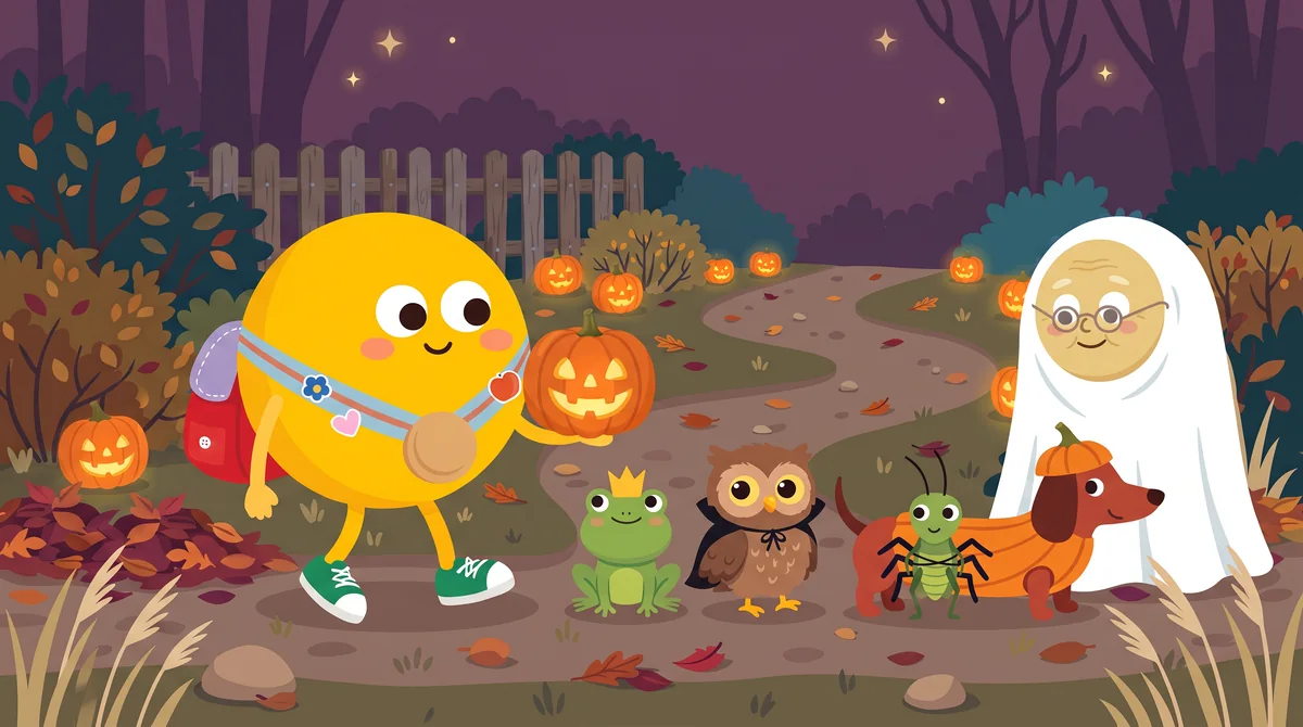 Halloween mese gyerekeknek – lámpásos jelmezes felvonulás, leghátul a nagymama lepedőben, kikukucskál alóla