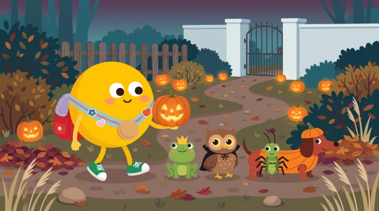 Halloween mese gyerekeknek – Lumi töklámpással vezeti a jelmezes kis menetet: koronás béka, köpenyes bagolyfióka, póknak öltözött tücsök és tökjelmezes tacskó