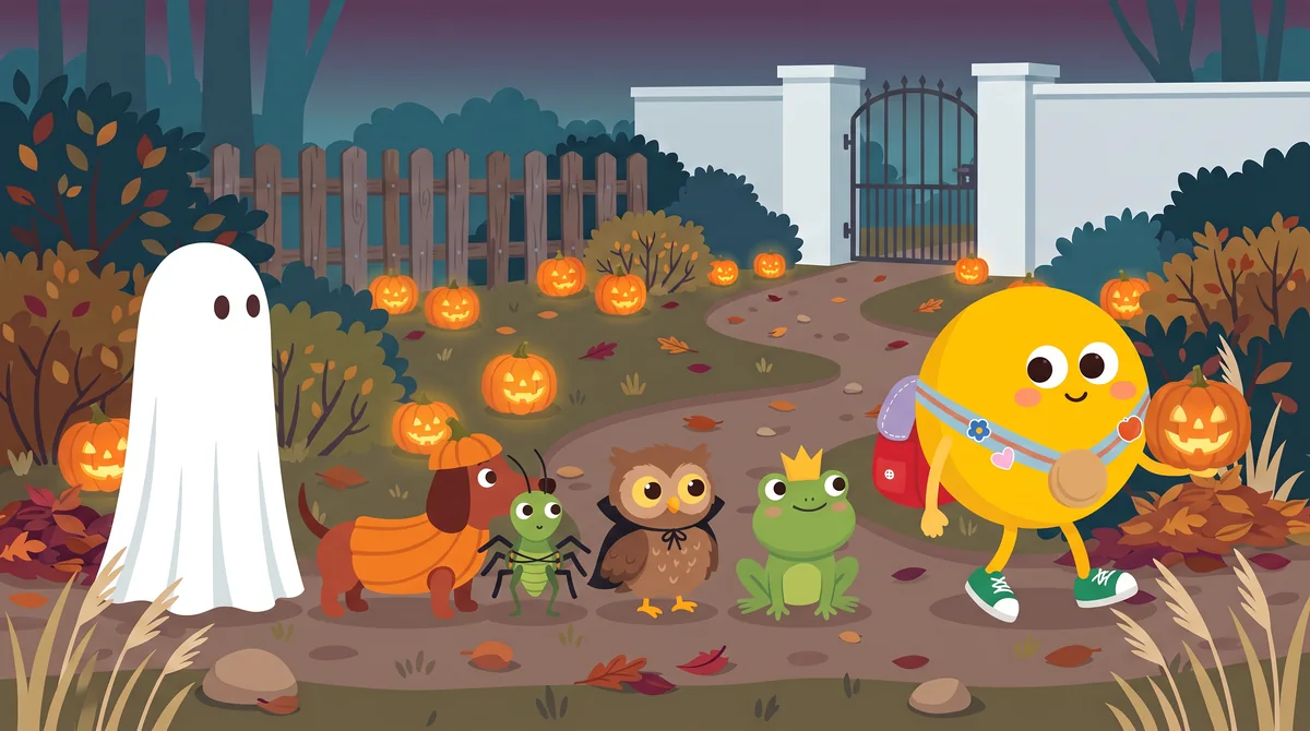 Halloween mese gyerekeknek – a jelmezes menet végén egy nagy, fehér lepedős alak áll a kertkapunál