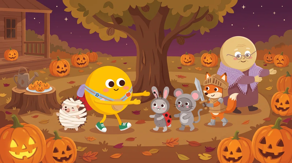 Halloween mese gyerekeknek – múmiajárás a diófa körül, kinyújtott karral megy mindenki, a nagymama is