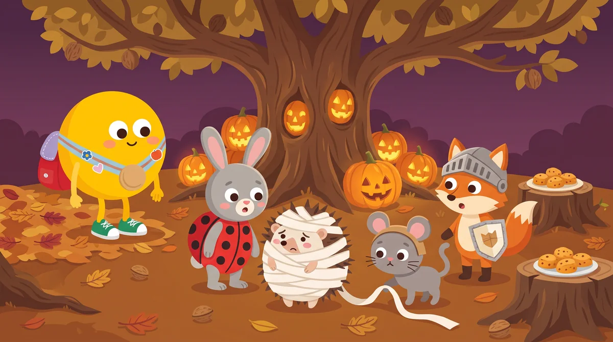 Halloween mese gyerekeknek – a diófa alatt a katicajelmezes nyuszi, az egérjelmezes cica és a lovagnak öltözött róka nézi a fehérbe tekert kis sünt