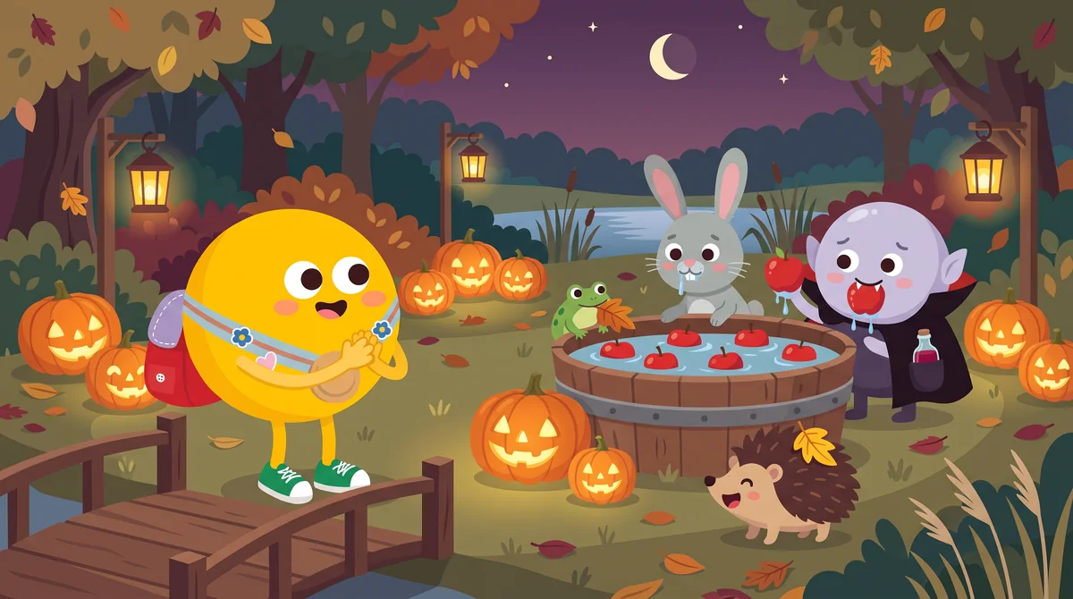 Halloween mese gyerekeknek – almahalászat a fahídon túl, a kis vámpír a két hegyes fogával kifog egy almát
