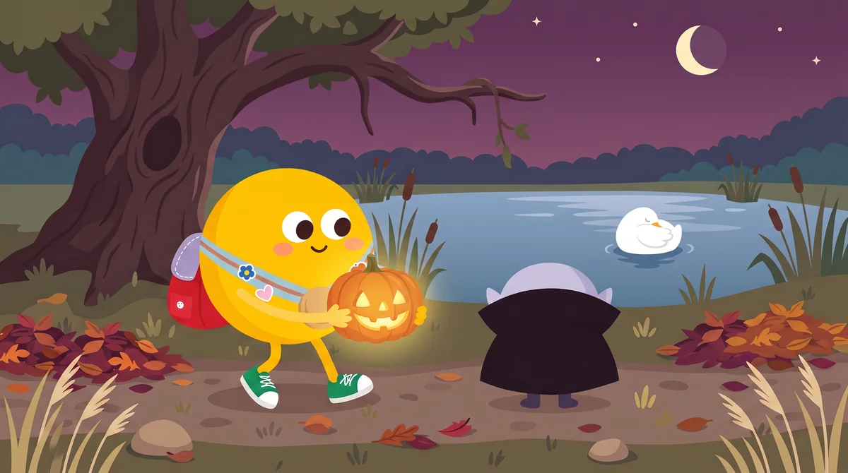 Halloween mese gyerekeknek – a holdfényes tavon fehér kacsa úszik, a parton a kis vámpír a fejére húzta a köpenyét