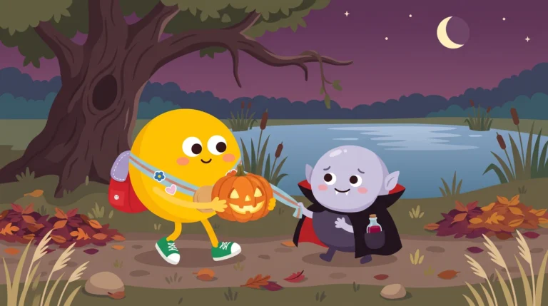 Halloween mese gyerekeknek – Lumi töklámpással megy az éjszakai ösvényen, a vállszalagjába kapaszkodik a kis vámpír