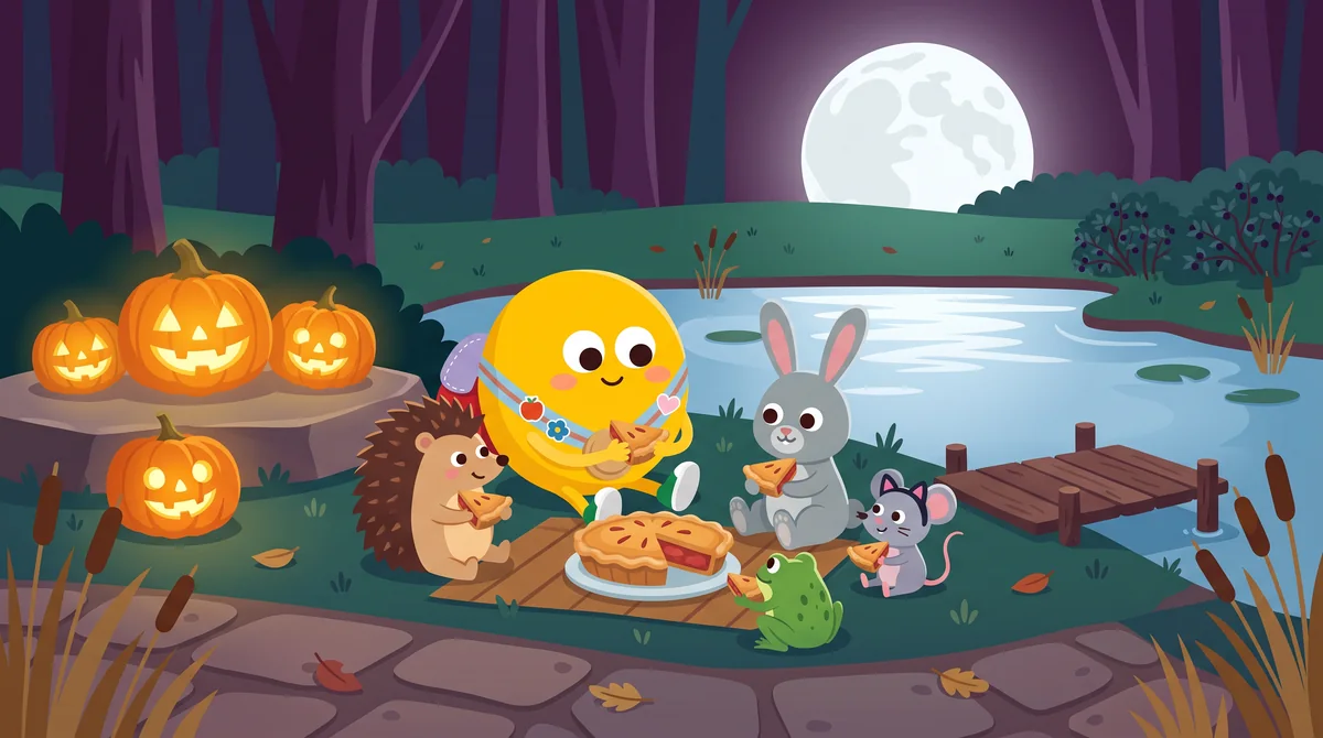 Halloween mese gyerekeknek – tóparti mulatság holdkeltekor, faragott tökök világítanak, a barátok pitét esznek