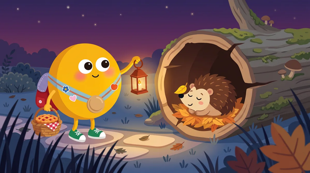Halloween mese gyerekeknek – a kidőlt fatörzs odvában összegömbölyödve alszik a sün, Lumi lámpással áll előtte