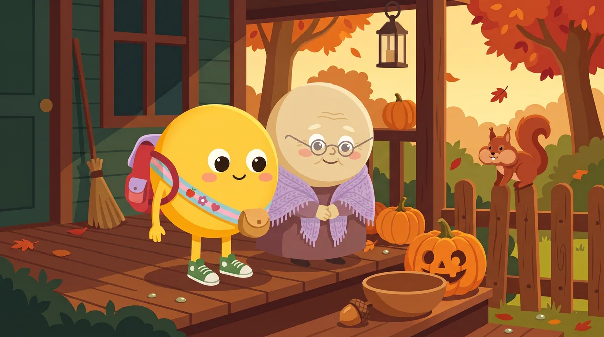 Halloween mese gyerekeknek – reggel a tornácon Lumi és a nagymama, a lépcsőn üres tál és egy makk, a kerítésen a mókus