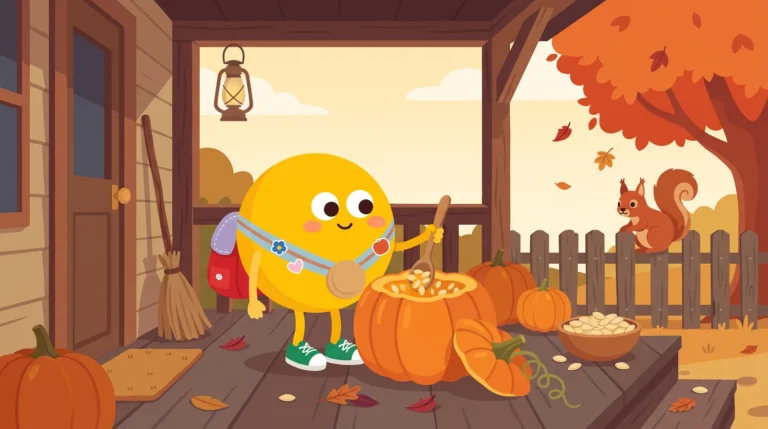 Halloween mese gyerekeknek – Lumi tököt farag a tornácon, a kerítésről egy mókus figyeli a tökmagos tálat