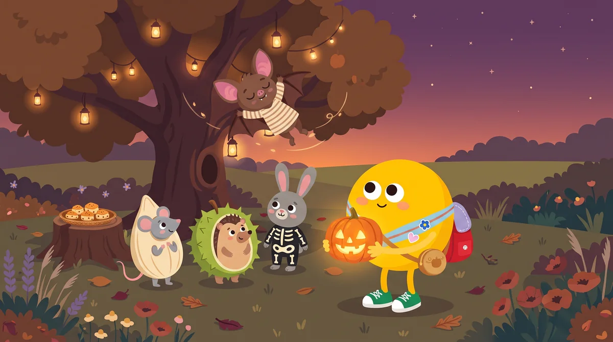Halloween mese gyerekeknek – lámpásos mulatság a tölgyfa alatt, a denevér csukott szemmel repül, a jelmezes barátok nézik
