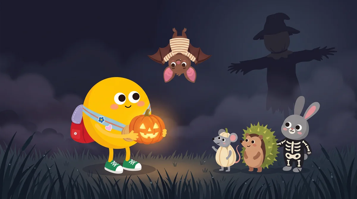 Halloween mese gyerekeknek – ködös éjszaka, Lumi utolsó lámpása megvilágítja a kitárt karú madárijesztőt