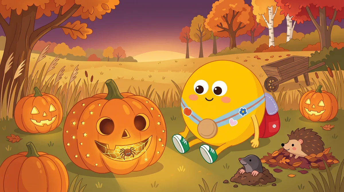 Halloween mese gyerekeknek – csillagmintás töklámpások a réten, a legnagyobb tök mosolya előtt aranyosan csillog a pókháló