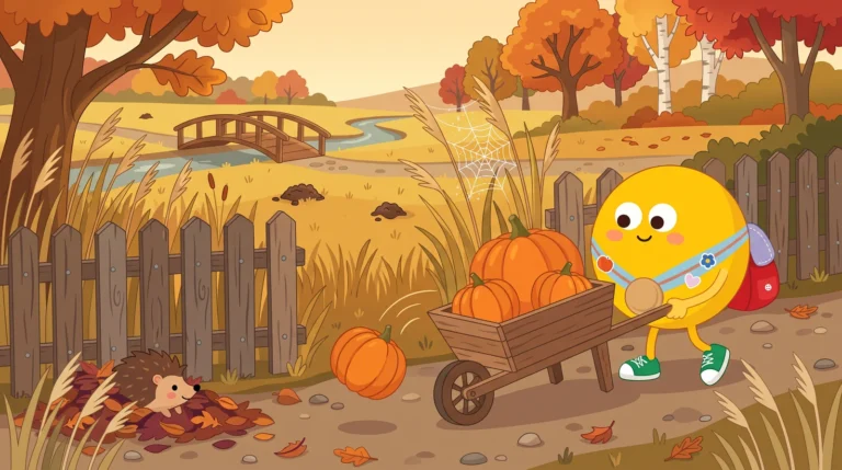 Halloween mese gyerekeknek – Lumi négy tököt tol a talicskán a rét felé, az egyik tök épp legurul