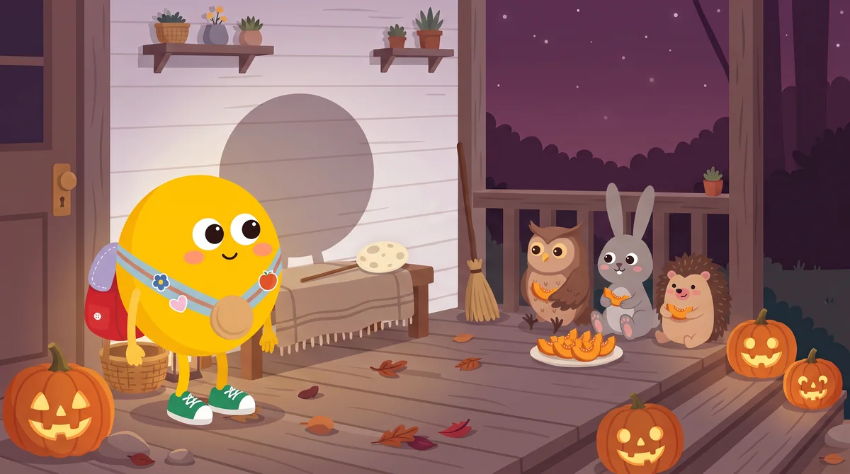 Halloween mese gyerekeknek – Lumi a lámpás előtt áll, a falon a nagy, kerek árnyéka, a barátok sült tököt esznek
