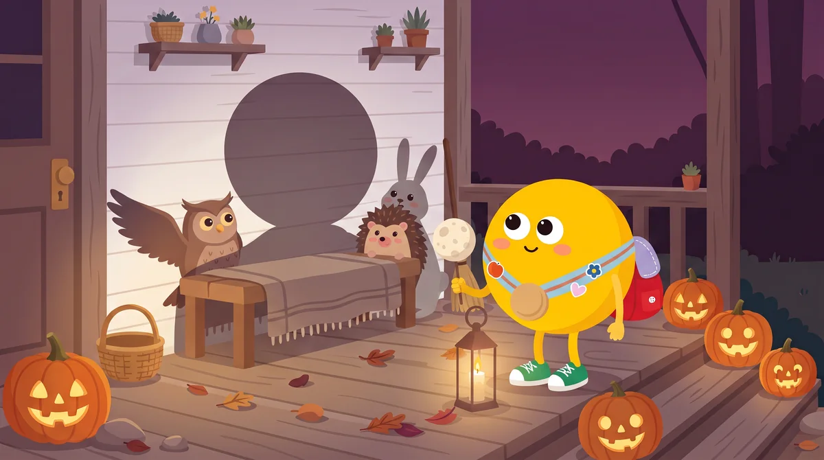 Halloween mese gyerekeknek – a ház fehér falán Lumi hatalmas, kerek árnyéka kel fel, mint a telihold