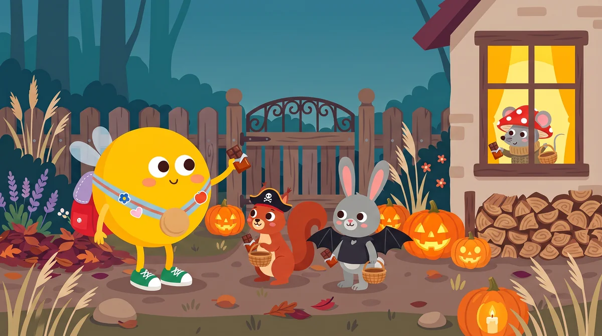 Halloween mese gyerekeknek – Lumi a világos ablaknál a kisegér kosárkájába teszi a csokiját, mögötte a mókus és a nyuszi